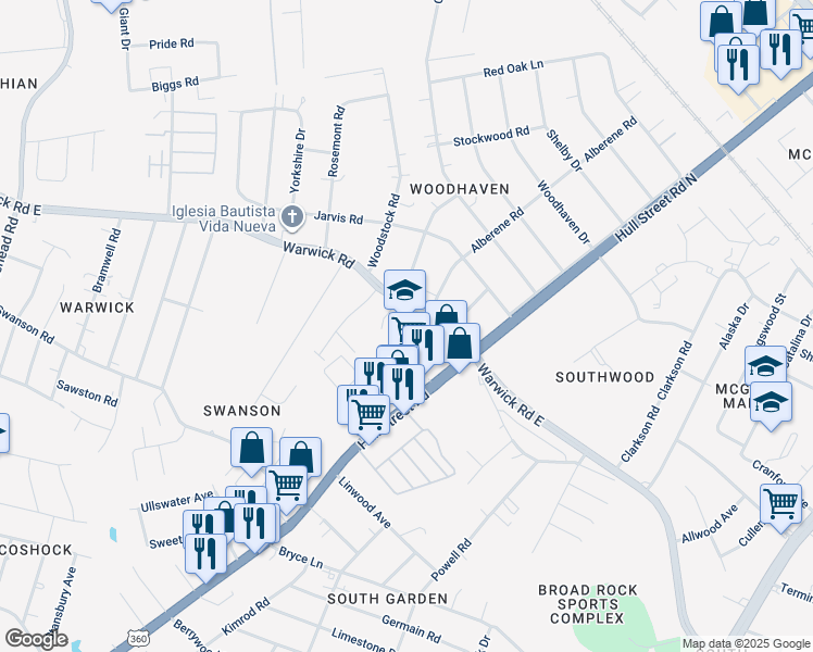 map of restaurants, bars, coffee shops, grocery stores, and more near 5263 Warwick Road in Richmond