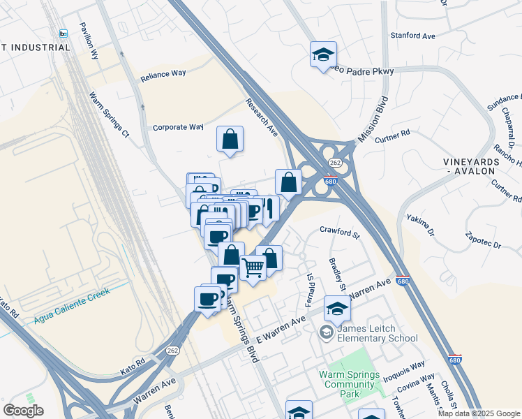 map of restaurants, bars, coffee shops, grocery stores, and more near 231 Woodcreek Common in Fremont
