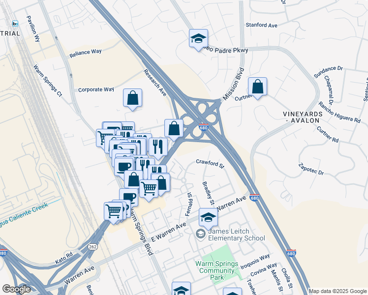 map of restaurants, bars, coffee shops, grocery stores, and more near 46312 Mission Boulevard in Fremont