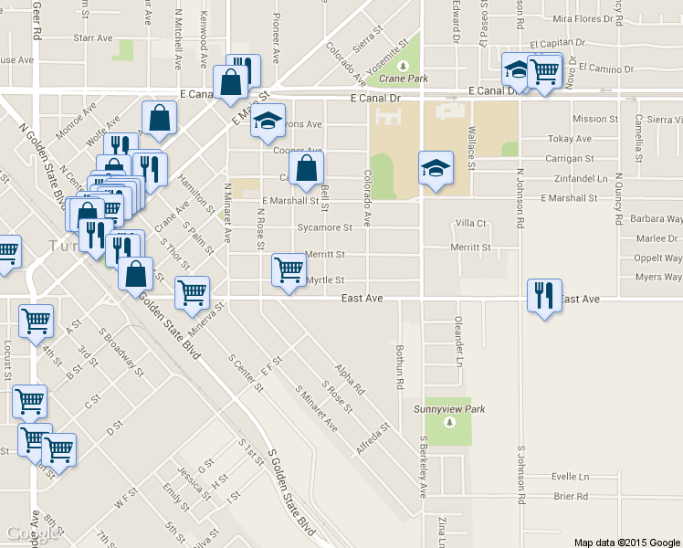 map of restaurants, bars, coffee shops, grocery stores, and more near 1428 Merritt Street in Turlock