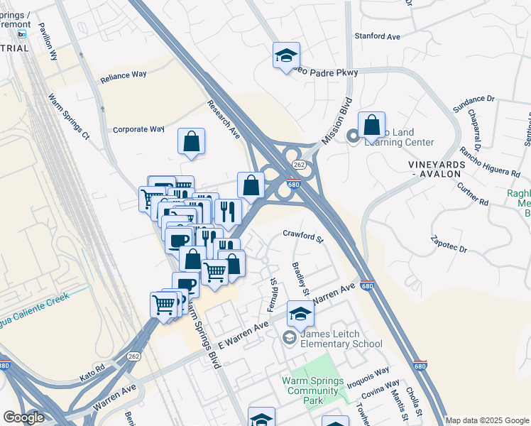 map of restaurants, bars, coffee shops, grocery stores, and more near 46312 Mission Boulevard in Fremont