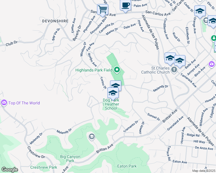 map of restaurants, bars, coffee shops, grocery stores, and more near 312 Torino Drive in San Carlos