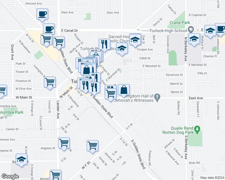 map of restaurants, bars, coffee shops, grocery stores, and more near 401 South Thor Street in Turlock