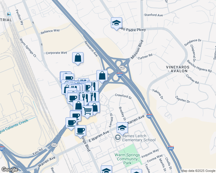 map of restaurants, bars, coffee shops, grocery stores, and more near 46312 Mission Boulevard in Fremont