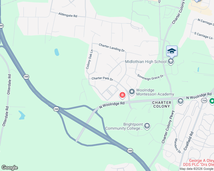 map of restaurants, bars, coffee shops, grocery stores, and more near 1010 Westwood Village Way in Midlothian
