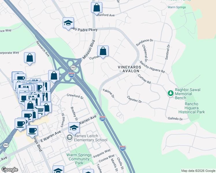 map of restaurants, bars, coffee shops, grocery stores, and more near 46935 Aloe Court in Fremont