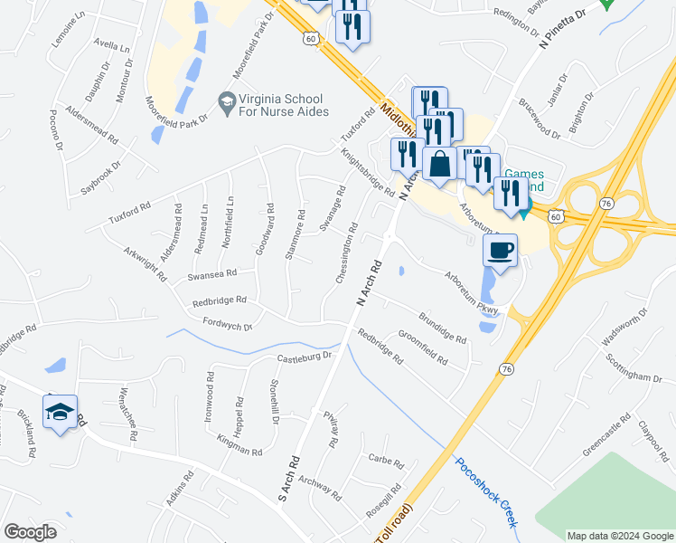 map of restaurants, bars, coffee shops, grocery stores, and more near 148 Chessington Road in Richmond