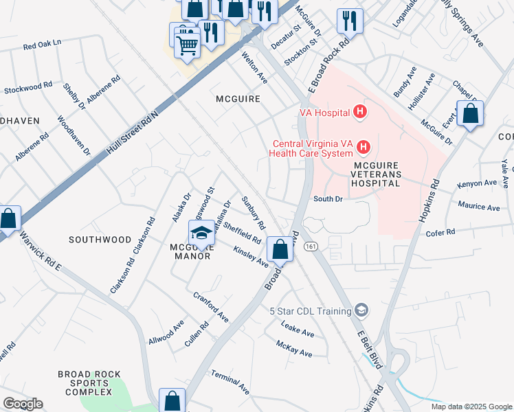 map of restaurants, bars, coffee shops, grocery stores, and more near 1525 Sunbury Road in Richmond