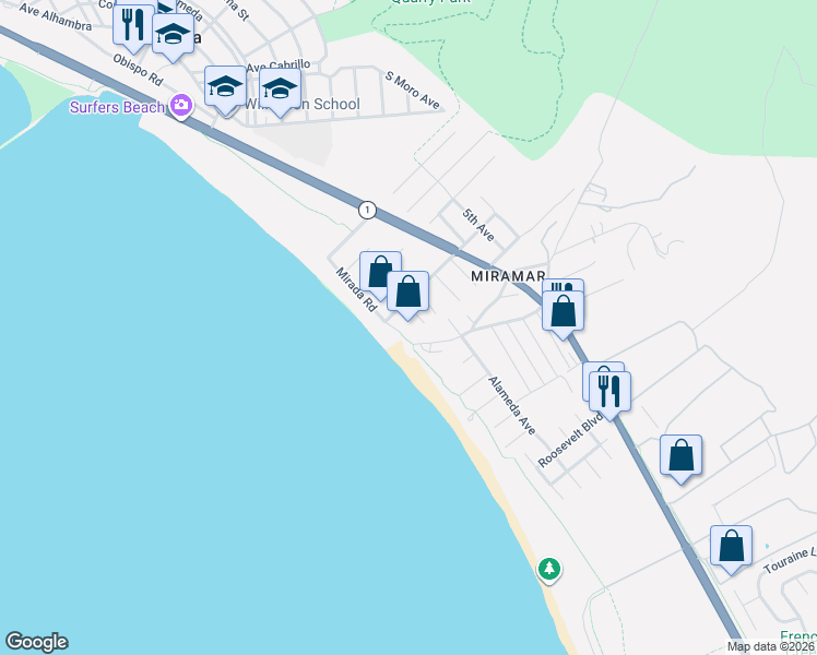 map of restaurants, bars, coffee shops, grocery stores, and more near 30 Medio Avenue in Half Moon Bay