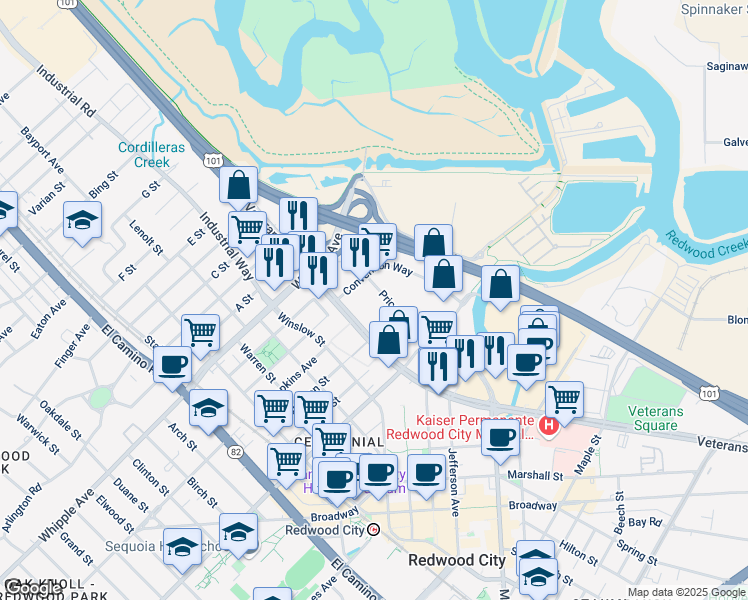 map of restaurants, bars, coffee shops, grocery stores, and more near 540 Price Avenue in Redwood City