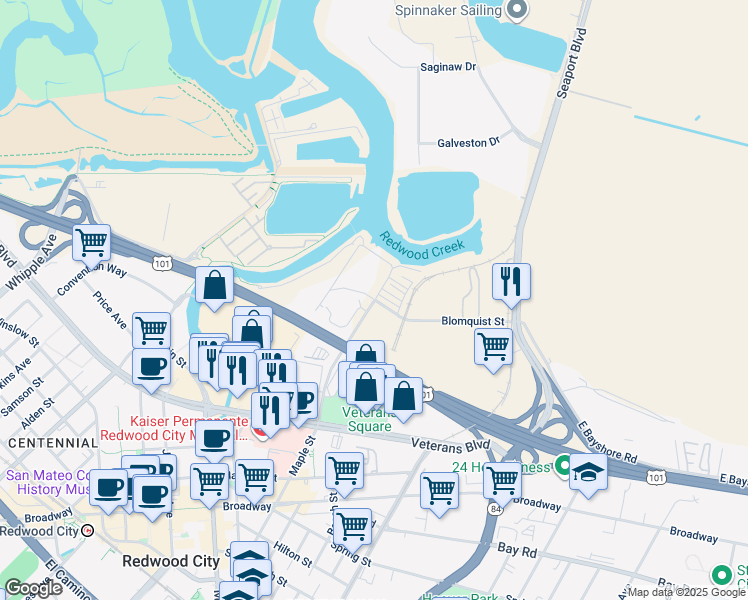 map of restaurants, bars, coffee shops, grocery stores, and more near Maple Street & Blomquist Street in Redwood City