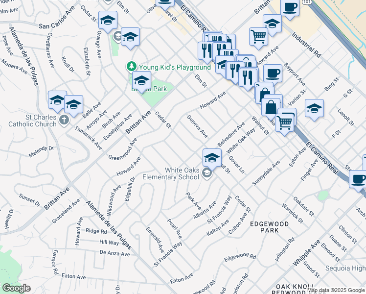 map of restaurants, bars, coffee shops, grocery stores, and more near 1348 Cedar Street in San Carlos