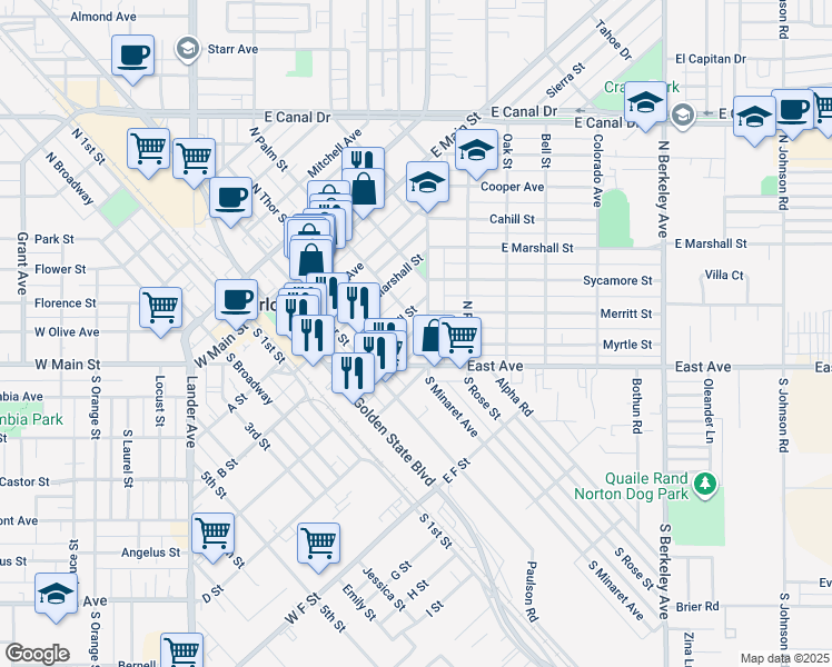 map of restaurants, bars, coffee shops, grocery stores, and more near 420 South Palm Street in Turlock