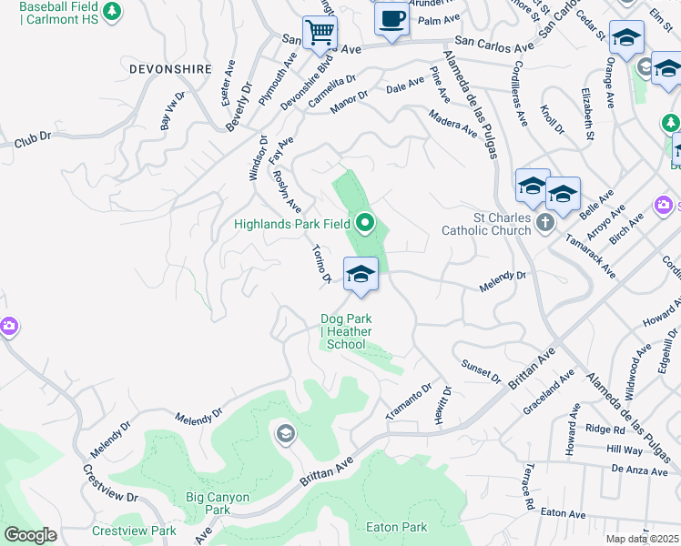 map of restaurants, bars, coffee shops, grocery stores, and more near 312 Torino Drive in San Carlos