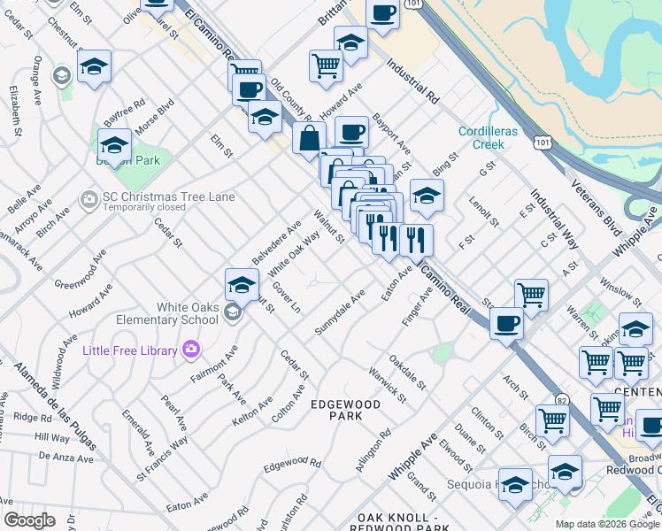 map of restaurants, bars, coffee shops, grocery stores, and more near 1621 Elm Street in San Carlos