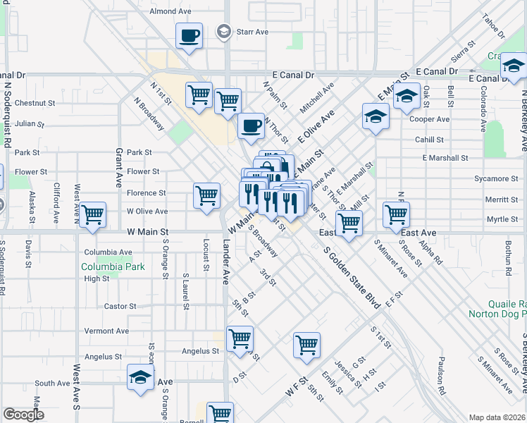 map of restaurants, bars, coffee shops, grocery stores, and more near in Turlock