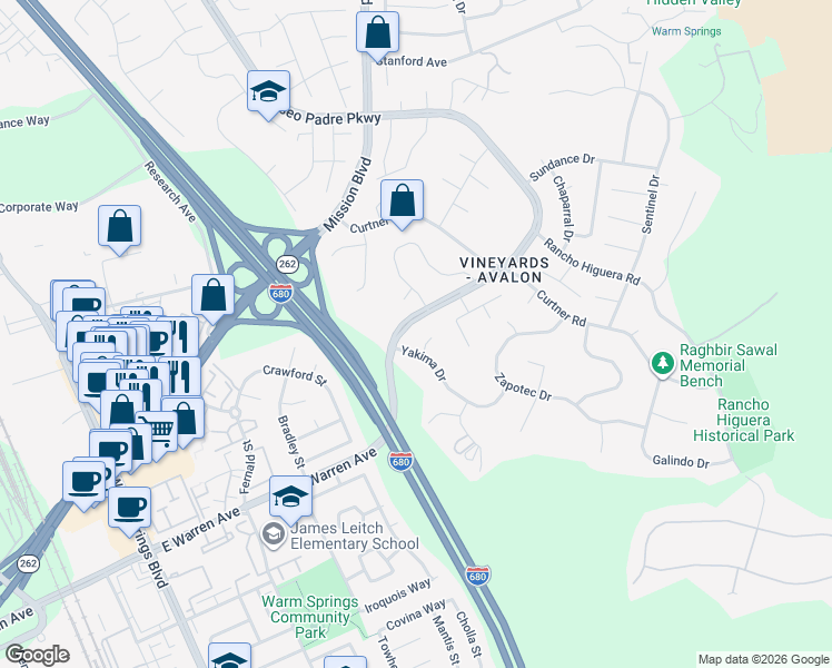 map of restaurants, bars, coffee shops, grocery stores, and more near 46935 Aloe Court in Fremont