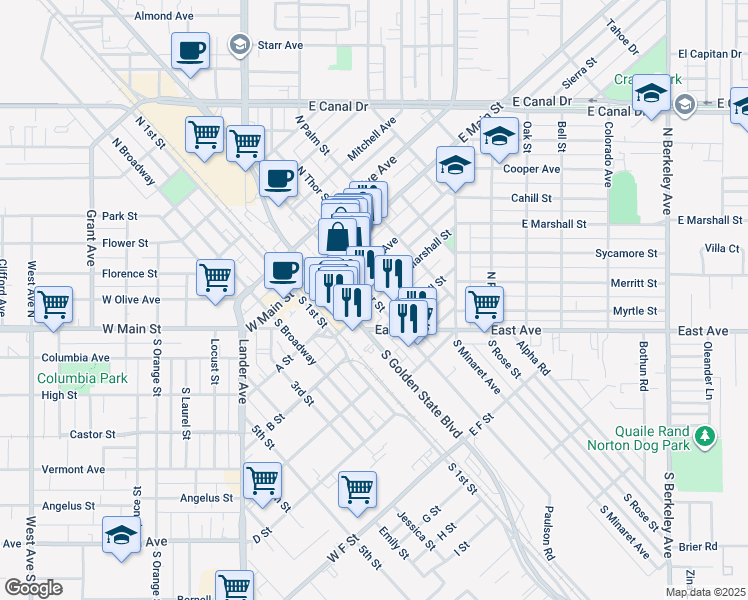 map of restaurants, bars, coffee shops, grocery stores, and more near Marshall Street in Turlock