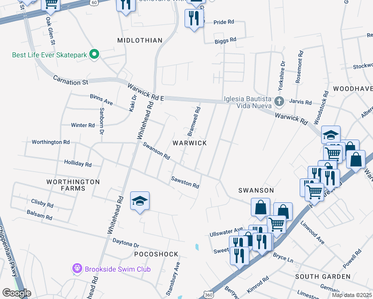 map of restaurants, bars, coffee shops, grocery stores, and more near 936 Bramwell Road in Richmond