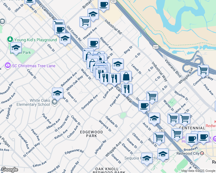 map of restaurants, bars, coffee shops, grocery stores, and more near 1748 El Camino Real in San Carlos