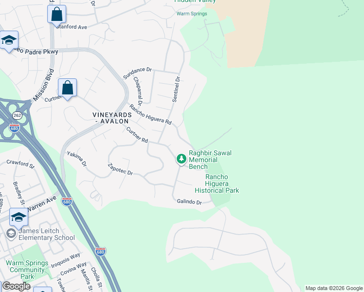 map of restaurants, bars, coffee shops, grocery stores, and more near 46919 Rancho Higuera Road in Fremont