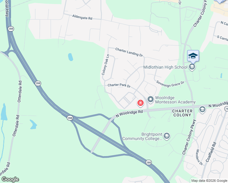 map of restaurants, bars, coffee shops, grocery stores, and more near 1111 Briars Court in Midlothian