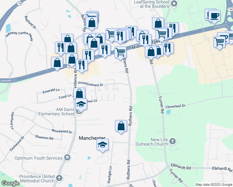 map of restaurants, bars, coffee shops, grocery stores, and more near 7918 Clovertree Court in Richmond