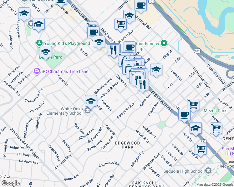 map of restaurants, bars, coffee shops, grocery stores, and more near 1574 Elm Street in San Carlos