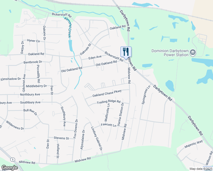 map of restaurants, bars, coffee shops, grocery stores, and more near 1660 Oak Place Boulevard in Henrico