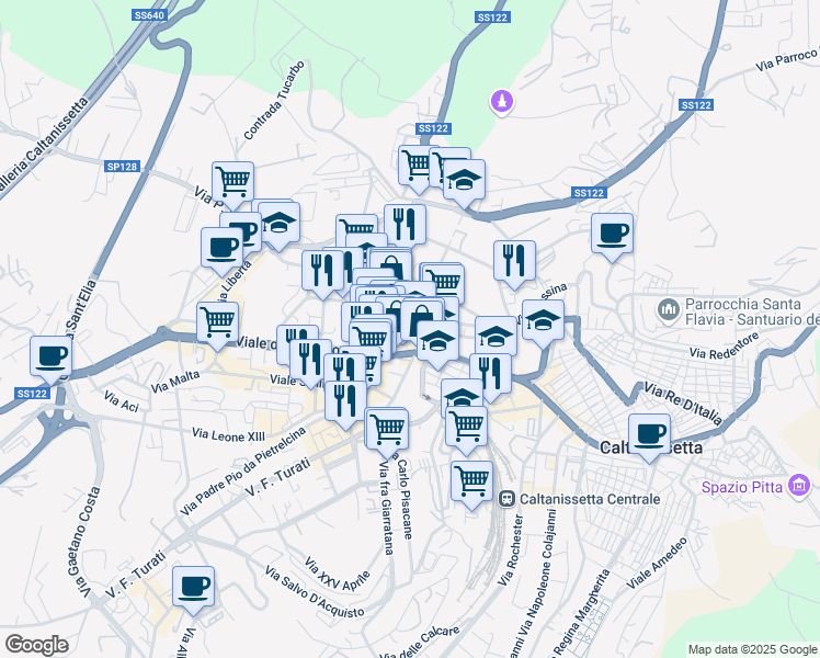 map of restaurants, bars, coffee shops, grocery stores, and more near 116 Via Pier Maria Rosso di San Secondo in Caltanissetta