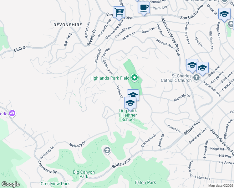 map of restaurants, bars, coffee shops, grocery stores, and more near 351 Torino Drive in San Carlos