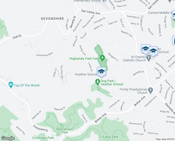 map of restaurants, bars, coffee shops, grocery stores, and more near 351 Torino Drive in San Carlos