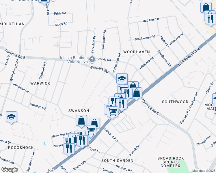 map of restaurants, bars, coffee shops, grocery stores, and more near 5315 Warwick Road in Richmond