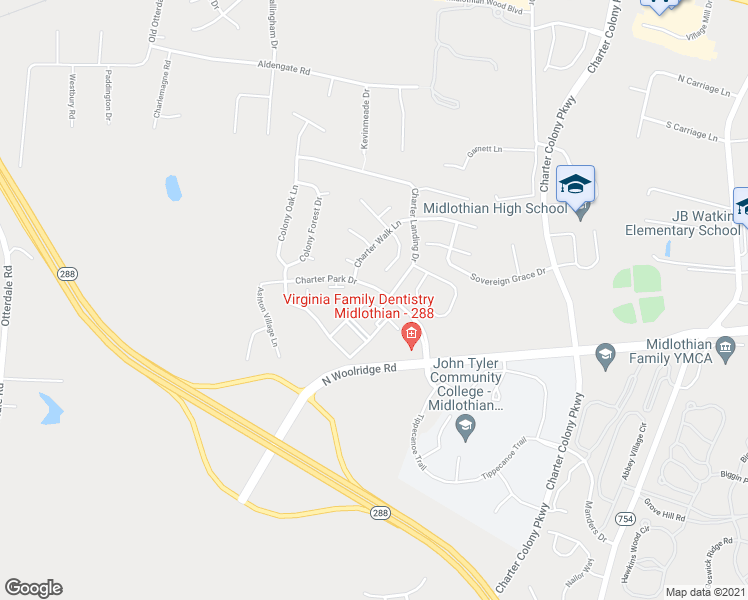 map of restaurants, bars, coffee shops, grocery stores, and more near 1000 Westwood Village Way in Midlothian