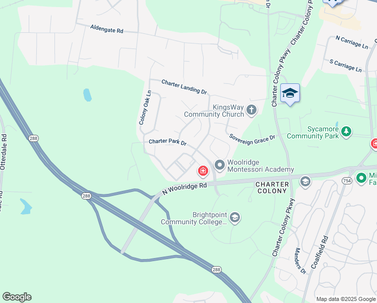 map of restaurants, bars, coffee shops, grocery stores, and more near 1010 Westwood Village Way in Midlothian
