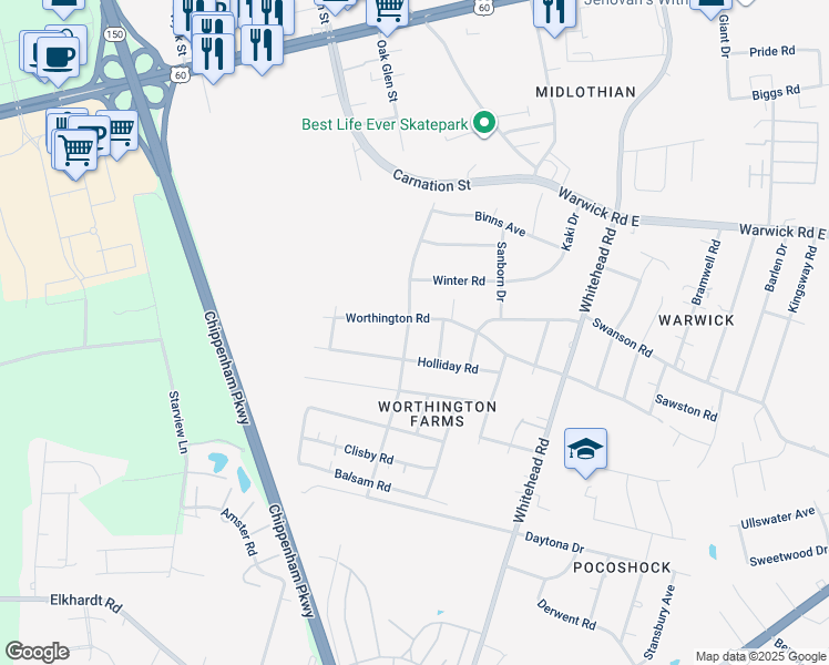 map of restaurants, bars, coffee shops, grocery stores, and more near 907 McDowell Road in Richmond