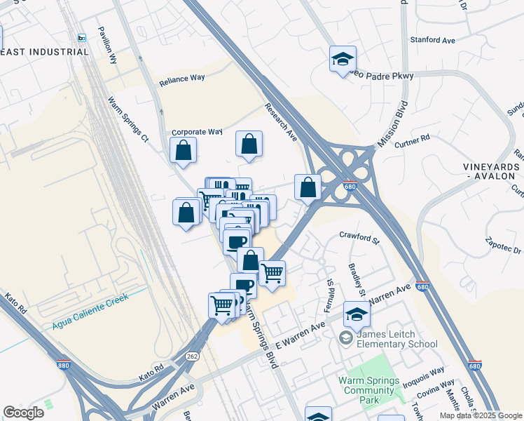 map of restaurants, bars, coffee shops, grocery stores, and more near 46265 Woodview Common in Fremont