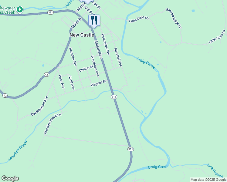 map of restaurants, bars, coffee shops, grocery stores, and more near 8992 Craig Valley Drive in New Castle