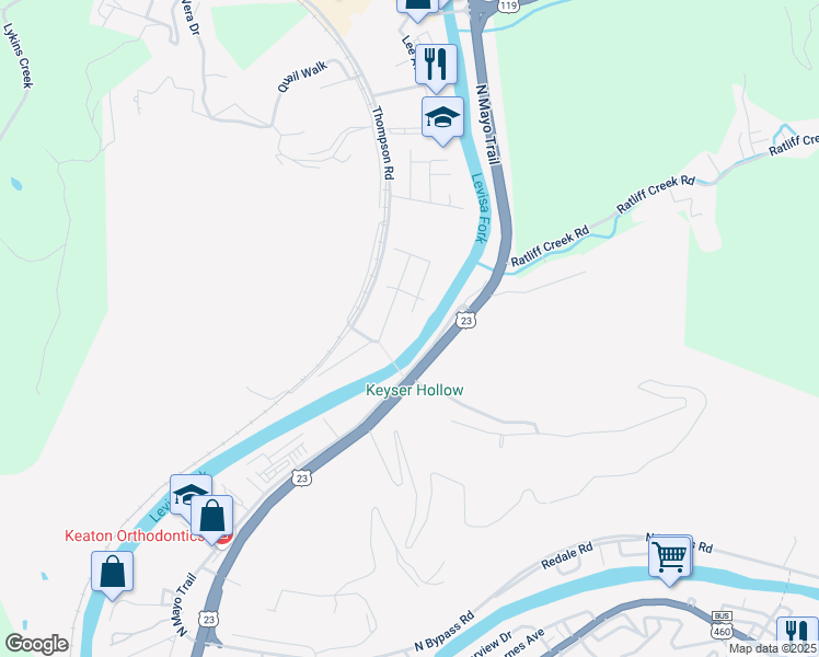 map of restaurants, bars, coffee shops, grocery stores, and more near 251 Beech Street in Pikeville