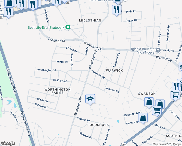 map of restaurants, bars, coffee shops, grocery stores, and more near 901 Whitehead Road in Richmond