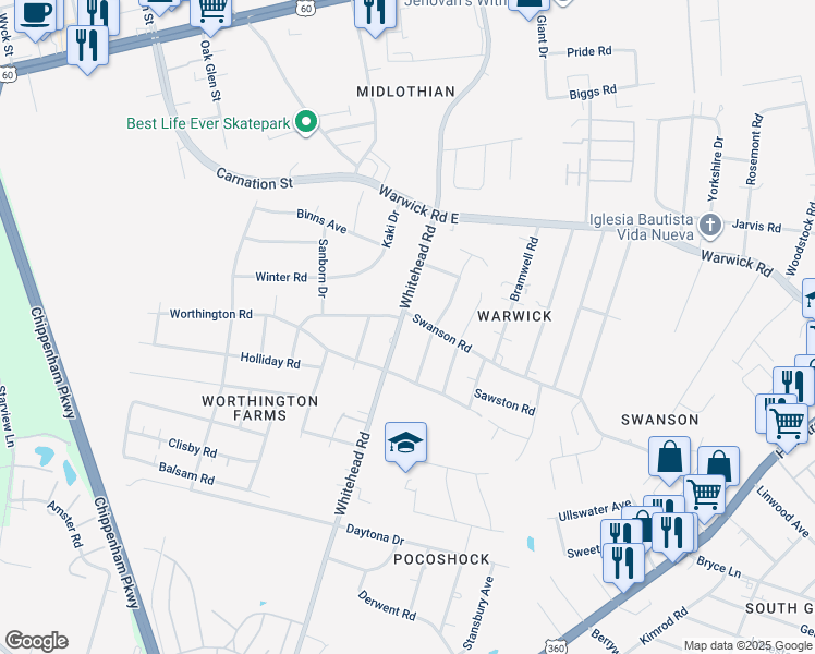 map of restaurants, bars, coffee shops, grocery stores, and more near 901 Whitehead Road in Richmond