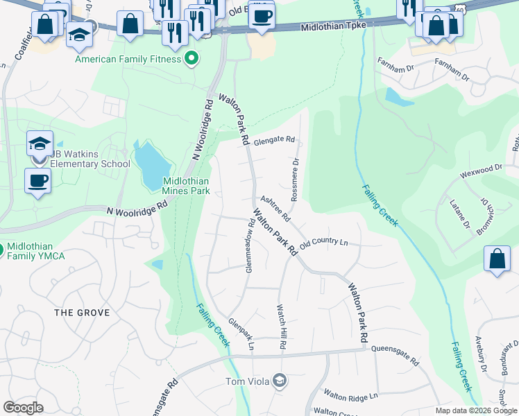 map of restaurants, bars, coffee shops, grocery stores, and more near 12941 Ashtree Road in Midlothian