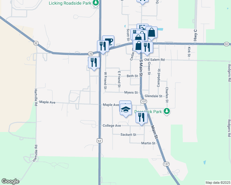map of restaurants, bars, coffee shops, grocery stores, and more near 108 Myers Street in Licking