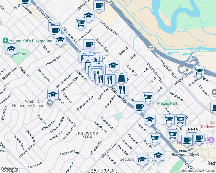 map of restaurants, bars, coffee shops, grocery stores, and more near 1748 El Camino Real in San Carlos