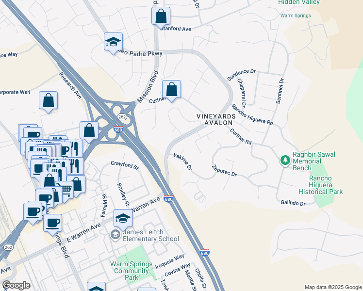 map of restaurants, bars, coffee shops, grocery stores, and more near 46925 Aloe Court in Fremont
