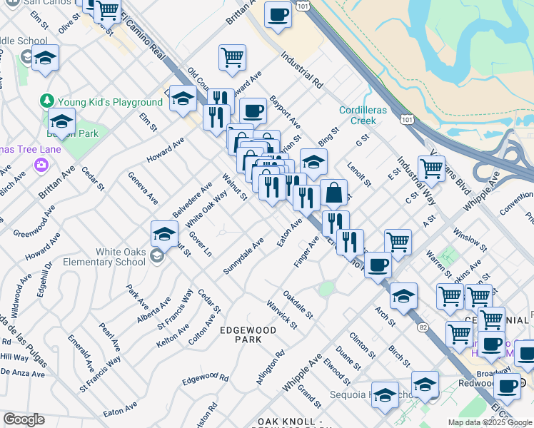 map of restaurants, bars, coffee shops, grocery stores, and more near 1693 Walnut Street in San Carlos