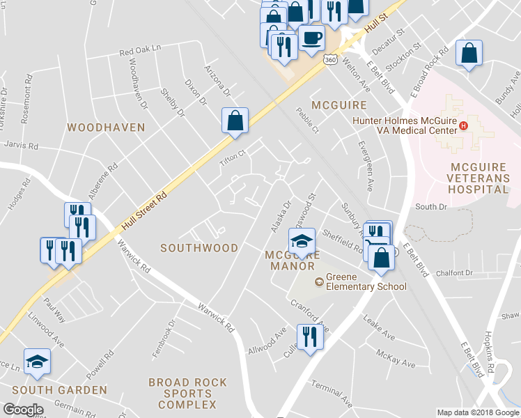 map of restaurants, bars, coffee shops, grocery stores, and more near 1598 Clarkson Road in Richmond