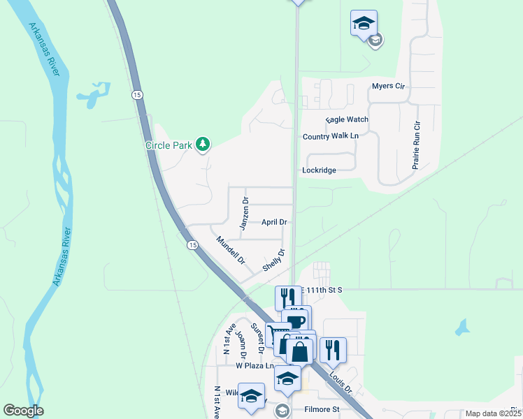 map of restaurants, bars, coffee shops, grocery stores, and more near 115 Jeannette Drive in Mulvane