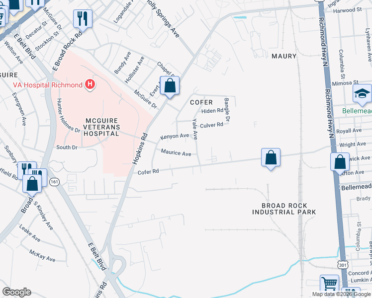 map of restaurants, bars, coffee shops, grocery stores, and more near 3104 Maurice Avenue in Richmond