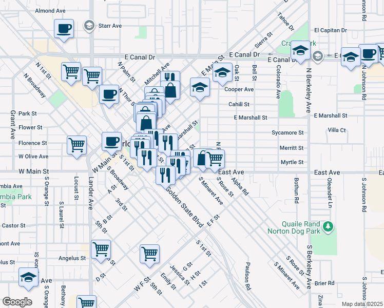 map of restaurants, bars, coffee shops, grocery stores, and more near 420 South Palm Street in Turlock